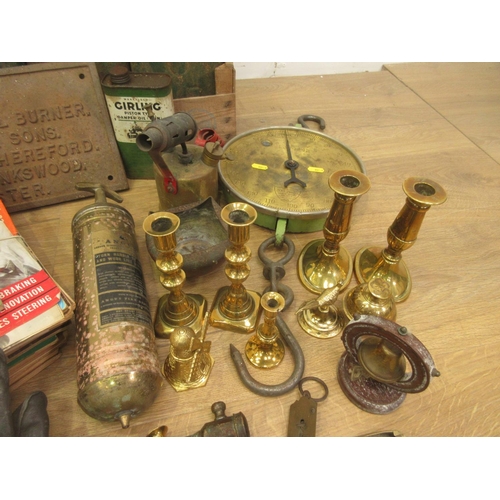 490 - A brass Salter Scale, three Petrol Cans, Blow Torches, two pairs of motorcycle Gloves and a quantity... 