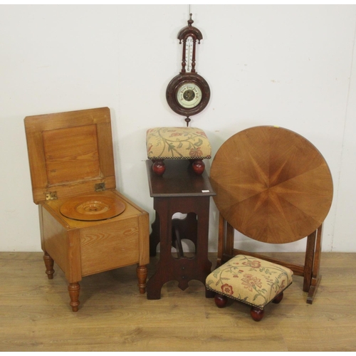 438 - A carved aneroid Barometer, pair of Stools, foldding mahogany Occasional Table, Occasional Table and... 