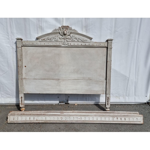 656 - A French painted Bed Headboard 4ft 6in W, two Bed Bases and two Horse Hair Matresses