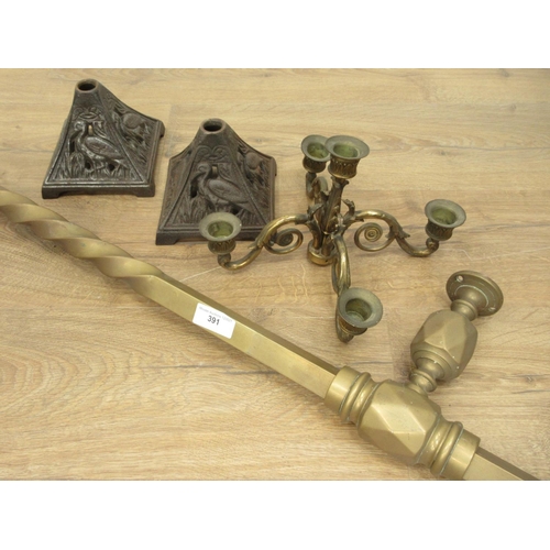 391 - A brass Curtain Rail, a brass Candle sconse and a pair of metal Stands