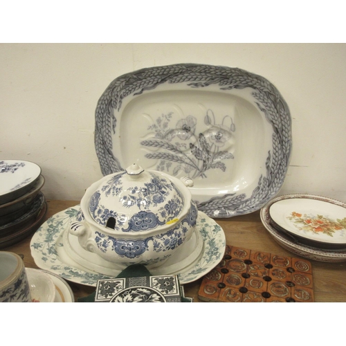 487 - Three boxes of Tureen, Meat Plates, Ginger Jar, Tiles, Plate Warmers, etc