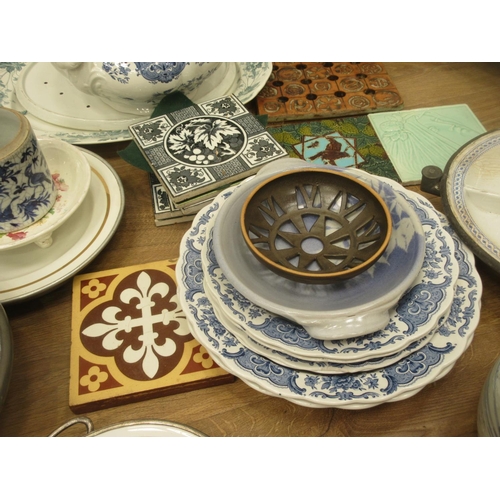 487 - Three boxes of Tureen, Meat Plates, Ginger Jar, Tiles, Plate Warmers, etc