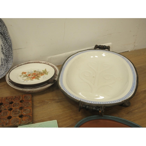 487 - Three boxes of Tureen, Meat Plates, Ginger Jar, Tiles, Plate Warmers, etc