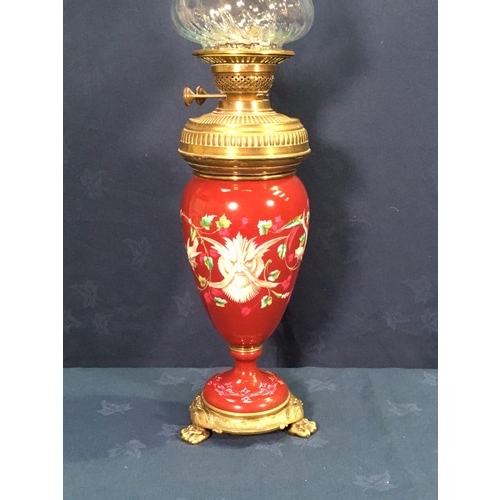 149 - An Oil Lamp with glass shade and brass reservoir mounted within a deep red ground porcelain baluster... 