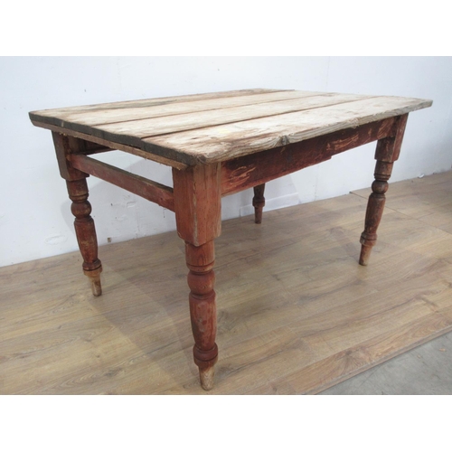 114 - A Victorian pine scrub top Kitchen Table lacking end drawer 3ft 11in W x 2ft 5in H