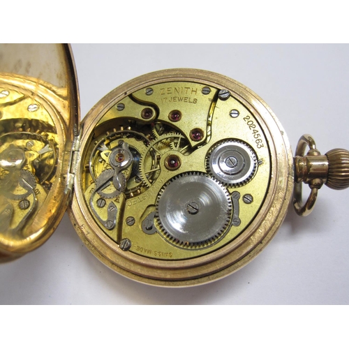 175 - A half-hunter Zenith Pocket Watch the white enamel dial with roman numerals in gold plated case and ... 