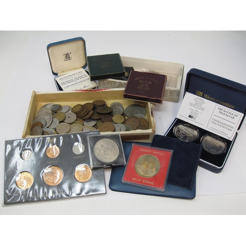 218 - A collection of Coins including The Battle of Trafalgar Five Pound, pair of Festival of Britain Crow... 