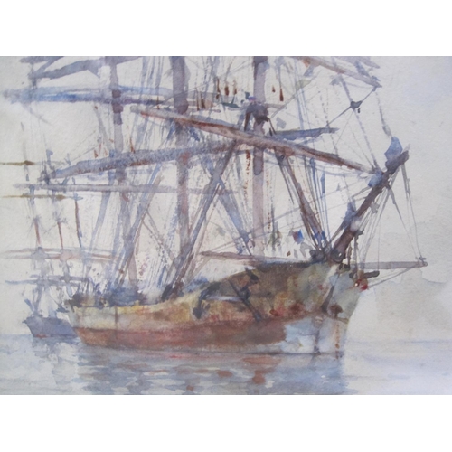 303 - HENRY SCOTT TUKE R.A. A Schooner in a Calm, signed and dated 1896, watercolour,laid down on backing ... 