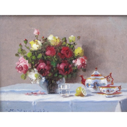 305 - KEIST VUKOVIC. Still lifes of flowers in vases on ledges, signed, oil on board, 4 1/2 x 5 1/2 in, a ... 