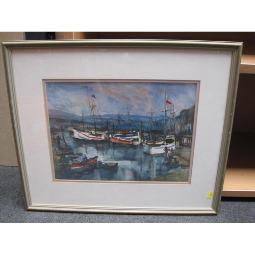 307 - QUINLAN (?) Boats in a harbour, signed, watercolour, indistinctly signed, 10 1/2 x 14in; and three o... 