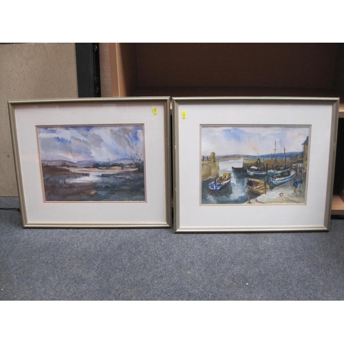 307 - QUINLAN (?) Boats in a harbour, signed, watercolour, indistinctly signed, 10 1/2 x 14in; and three o... 