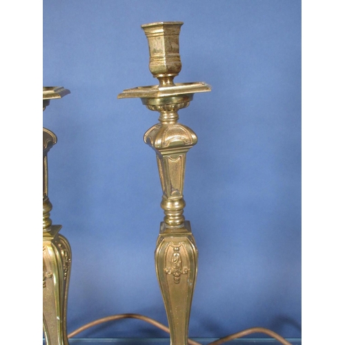 37 - A pair of antique brass Candlesticks converted to table lamps 15 1/2in H