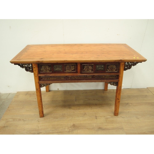 374 - A Chinese elm serving Table/Sideboard fitted two carved frieze drawers 4ft 11in W x 2ft 10in H