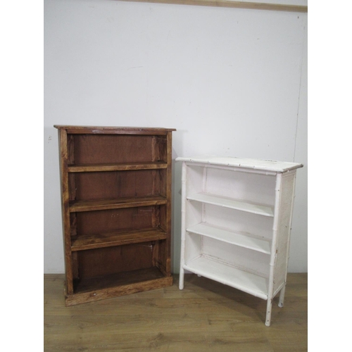 382 - A pine open Bookcase with fixed shelves 4ft H x 2ft 8in W and a white painted bamboo and wicker Book... 