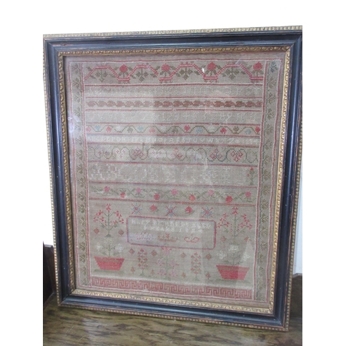 391 - A framed Sampler with stylised flowers and alphabet design 20 x 17in