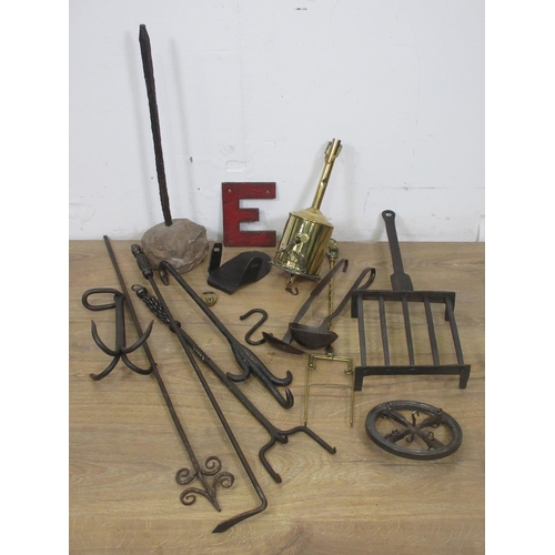 395 - A quantity of metalware including a Meat Jack, Fire Irons, Meat Hook, etc