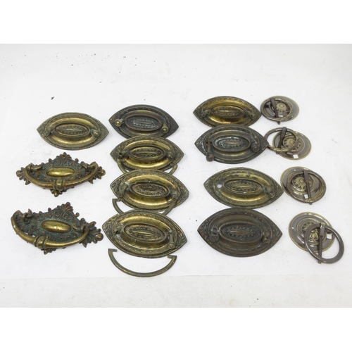 4 - A box of antique and reproduction brass furniture Handles including Regency ovals, Georgian open esc... 