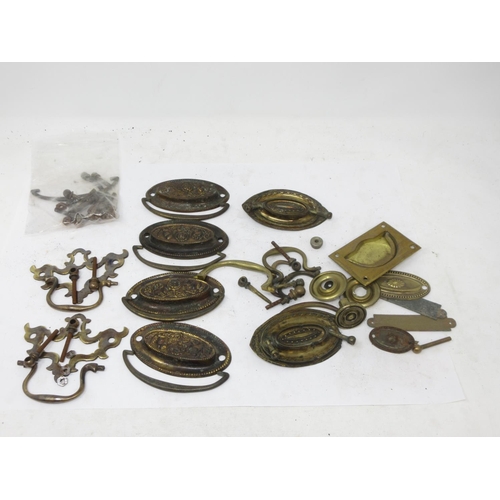 4 - A box of antique and reproduction brass furniture Handles including Regency ovals, Georgian open esc... 