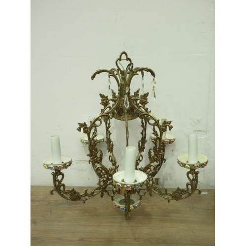 400 - Two brass five light Electroliers and a gilt metal light fitting with glass drops