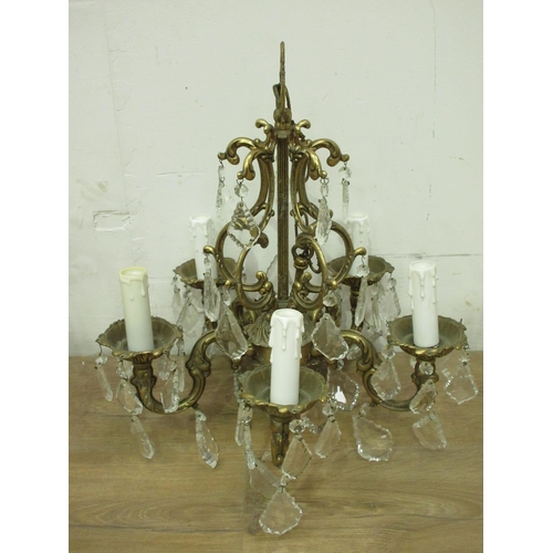 400 - Two brass five light Electroliers and a gilt metal light fitting with glass drops