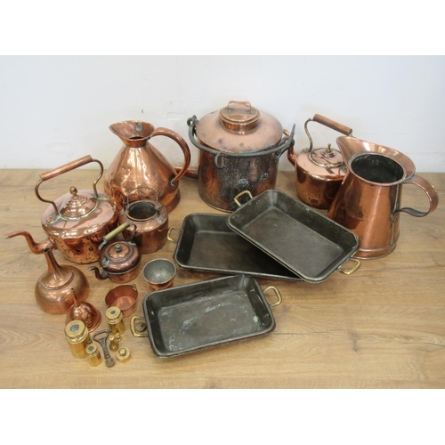 431 - A 19th Century copper Tea Urn, two large Jugs, two Kettles, three brass handles copper graduated rec... 