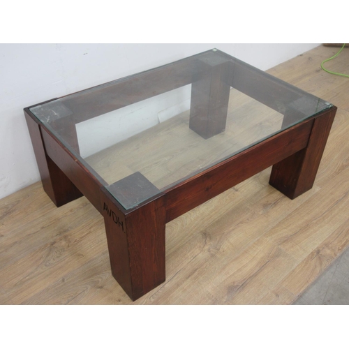 445 - A modern glass top Coffee table with wooden base, 3ft 5in x 2ft 6in