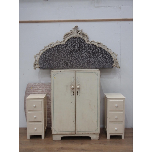 448 - A painted child's Wardrobe, 4ft H, a pair of Bedside Stands and a painted an upholstered Headboard, ... 