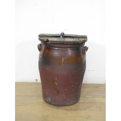 455 - A large salt- glazed two handled Pot with wooden cover, 1ft 9in H