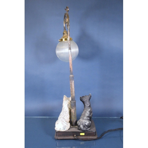 46 - A metal Table Lamp with painted figures of Scottie and Westie Dogs to base and glass shade 2ft 6in H... 