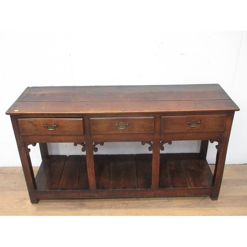 469 - An antique oak potboard Dresser Base, fitted three frieze drawers with squared supports having 