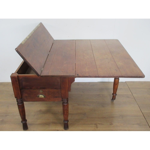 480 - A stained pine Haberdashery Table, mounted with brass measure, hinged compartment, fitted with singl... 