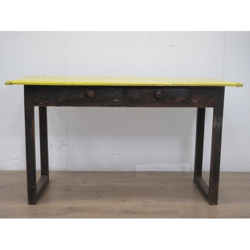 485 - A country Kitchen Table with yellow painted cleated top on black painted base with chamfered support... 