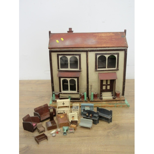 491 - An antique handmade Doll's House with a quantity of Furniture 1ft 10in H x 1ft 8in W