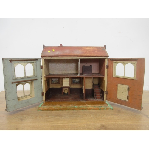 491 - An antique handmade Doll's House with a quantity of Furniture 1ft 10in H x 1ft 8in W