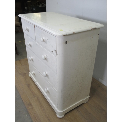 493 - A Victorian white painted Chest of two short and three long drawers on bun feet (missing one) 3ft 6i... 