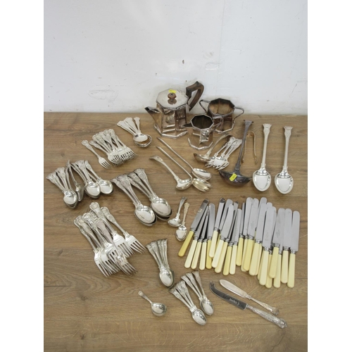 505 - A box including silver plated three piece Tea Service and a quantity of Cutlery