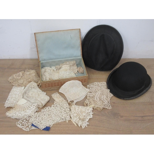 511 - A needlework Box containing a quantity of Lace, a Trilby Hat and a Bowler Hat