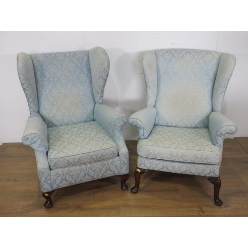 513 - Two pale blue upholstered wingback Armchairs on cabriole supports 3ft 2in H x 2ft 3in W