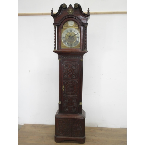 554 - A Georgian Longcase Clock with carved oak case and brass arched dial by T. Lancaster Bar'd Castle 7f... 