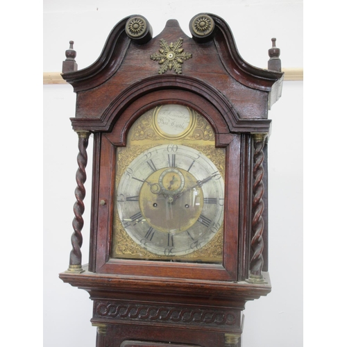 554 - A Georgian Longcase Clock with carved oak case and brass arched dial by T. Lancaster Bar'd Castle 7f... 