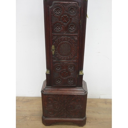 554 - A Georgian Longcase Clock with carved oak case and brass arched dial by T. Lancaster Bar'd Castle 7f... 