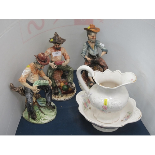 565 - Three Capo Di Monte Figures (one A/F) and an Albany Pottery Wash Jug and Bowl