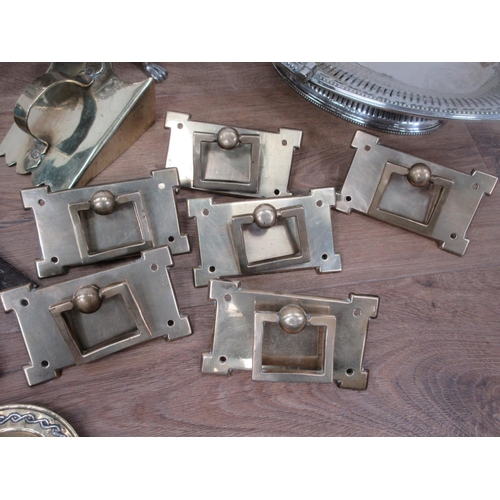 589 - A quantity of brass Door Handles, plated Dish, Kettle Stand, Tankard, etc