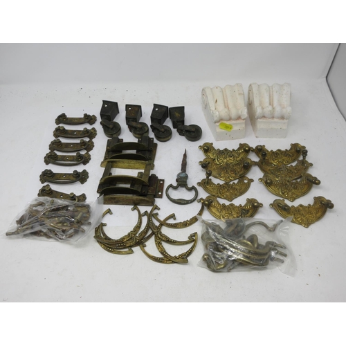 6 - A quantity of brass Candle Sconses, plaster frieze Moulds, Table Clips, Plaster Mounts, Handles and ... 