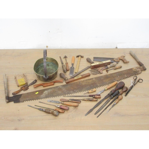 622 - A two handled Saw, a Jam Pan and a quantity of wooden handled wood working tools