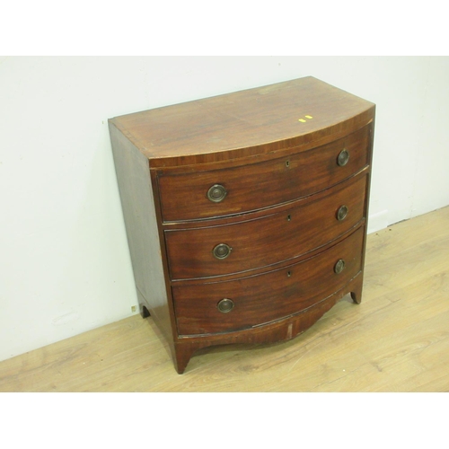 98 - A 19th Century mahogany bow fronted Chest of three long drawers on splayed feet 2ft 7in H x 2ft 6in ... 