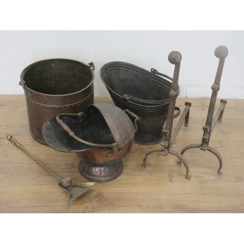 538 - An antique copper rivetted Bucket 1ft H, two Coal Scuttles, a Shovel and a pair of cast iron Fire Do... 