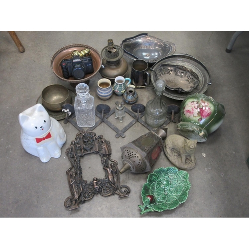 621 - Two boxes of Glass, Plated Ware and plaster Pig, etc