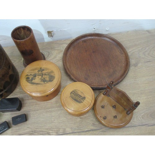 199A - Two Mauchline ware Boxes, Snuff Boxes, small wooden Platter, Canisters etc