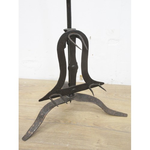 417 - An 18th Century iron Roasting Spit with adjustable prongs on tripod base 2ft 3in H and an antique wr... 